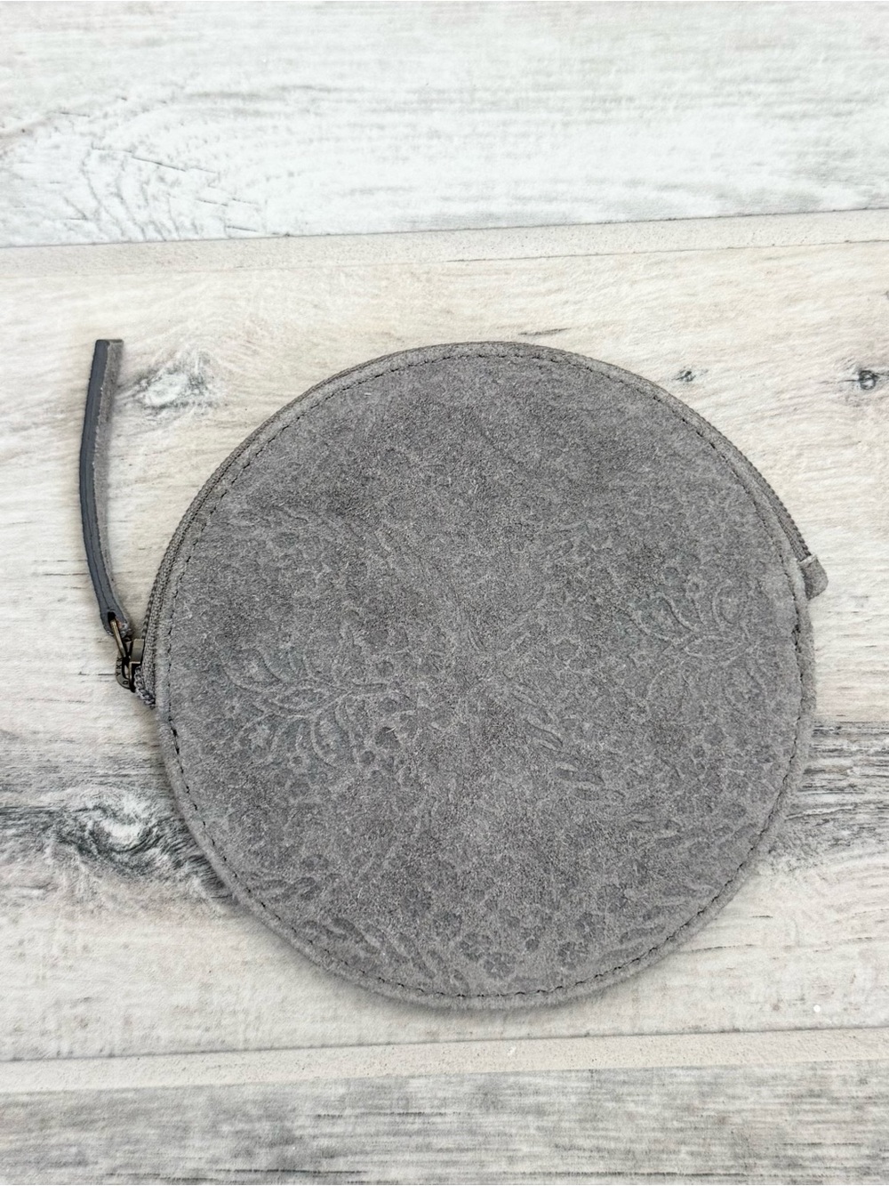 World Market Grey Genuine Leather Boho Print Round Coin Purse Pouch